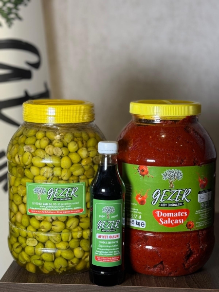 5 KG DOMATES SALÇASI-5 LİK BİDON YEŞİL ZEYTİN-500 ML NAR EKŞİSİ